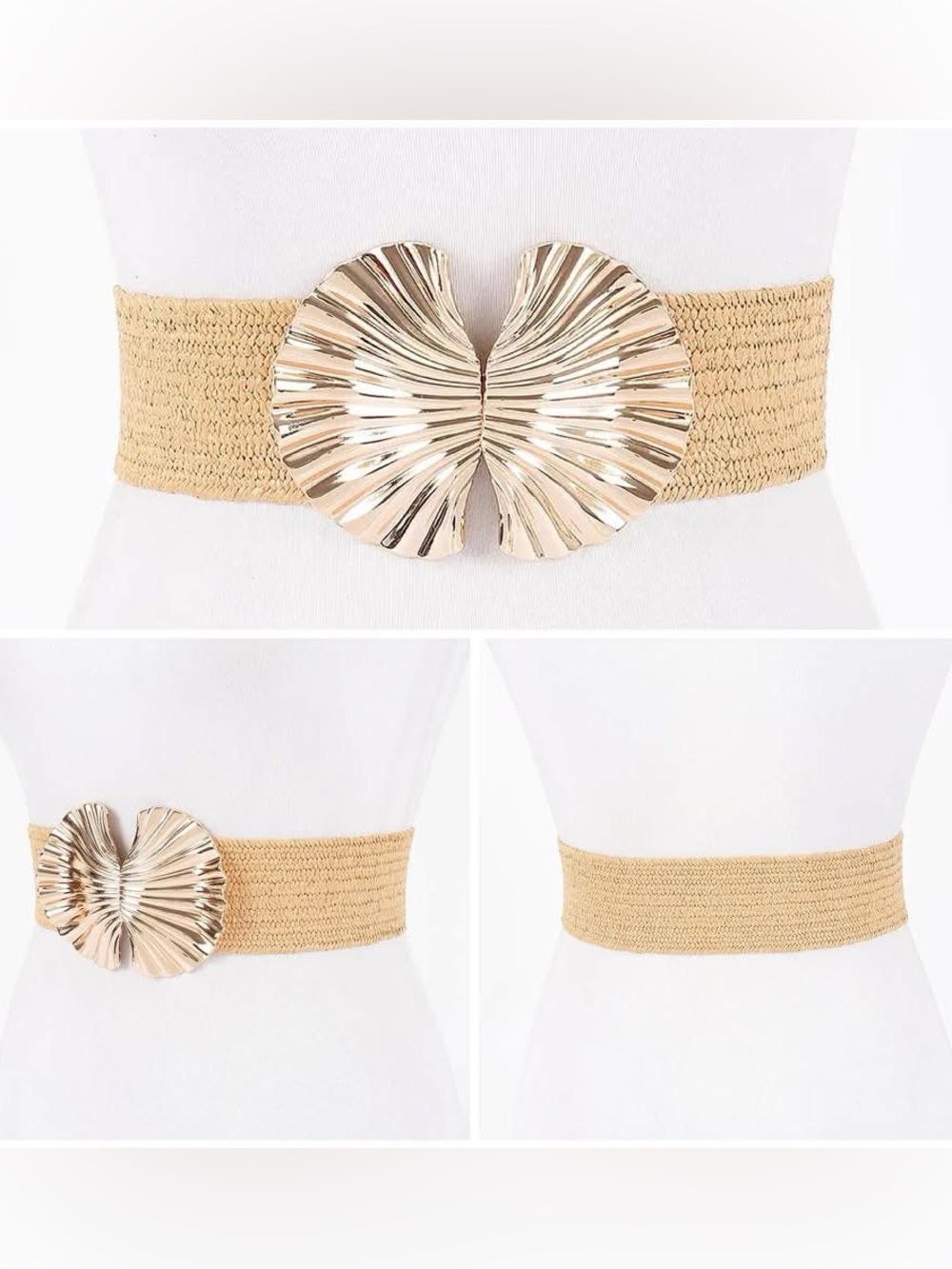 Gold Shell Buckle Elastic Waist Belt - Beige